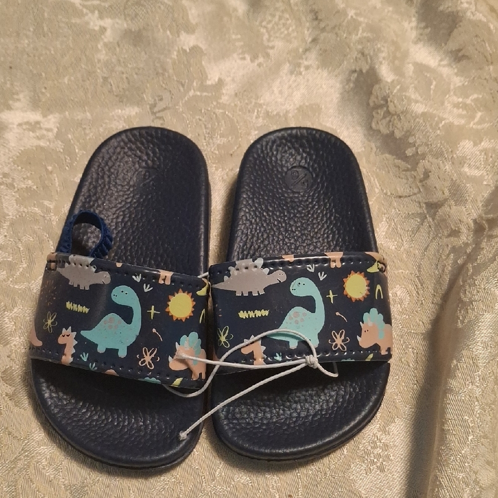 Kids Dinosaur Print Slide Sandals - Navy
